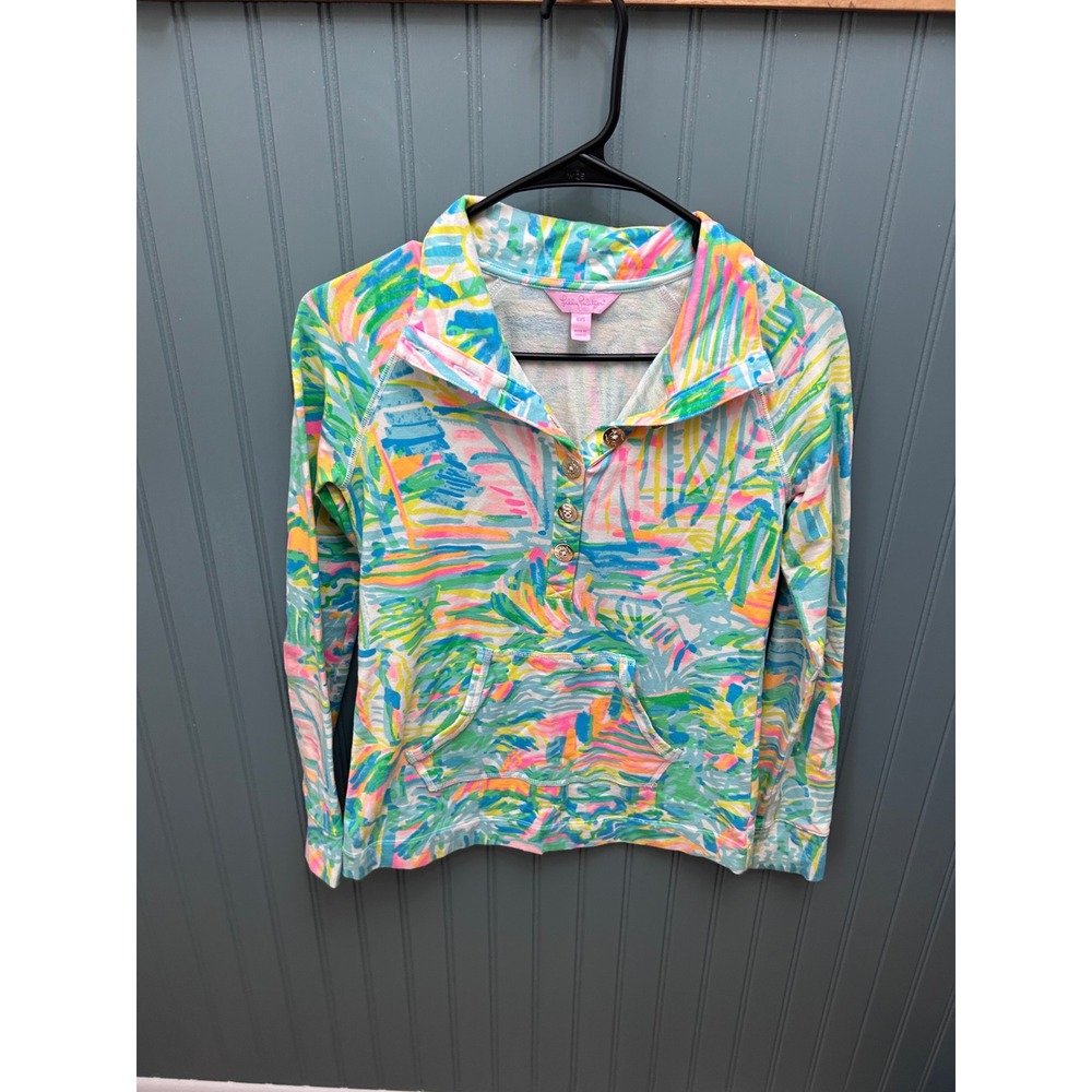 Lilly Pulitzer Skipper Popover Sweatshirt XXS Multi Tropical Gold Button French